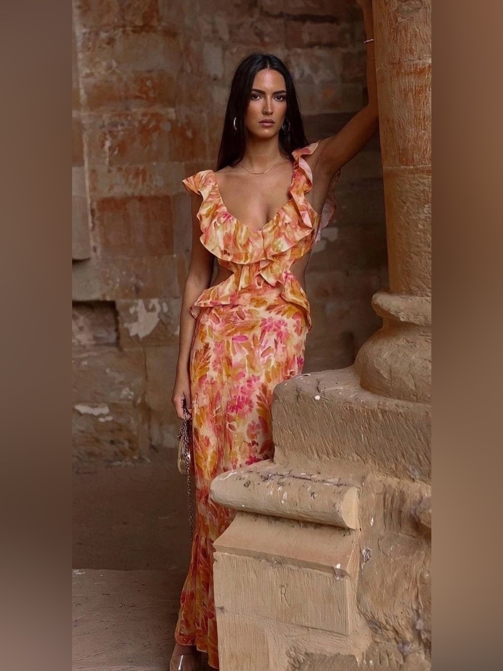 Zara Orange and Pink Floral Ruffle Maxi Dress - Picture 6 of 11
